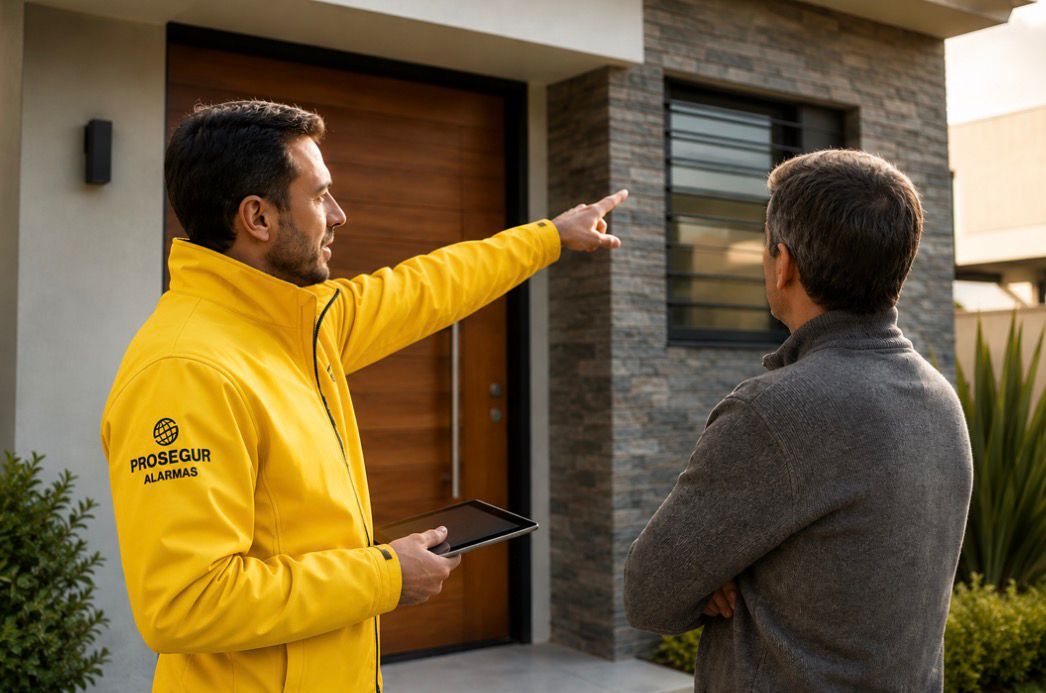 Asesor Prosegur explicando la propuesta en la puerta de la casa del cliente