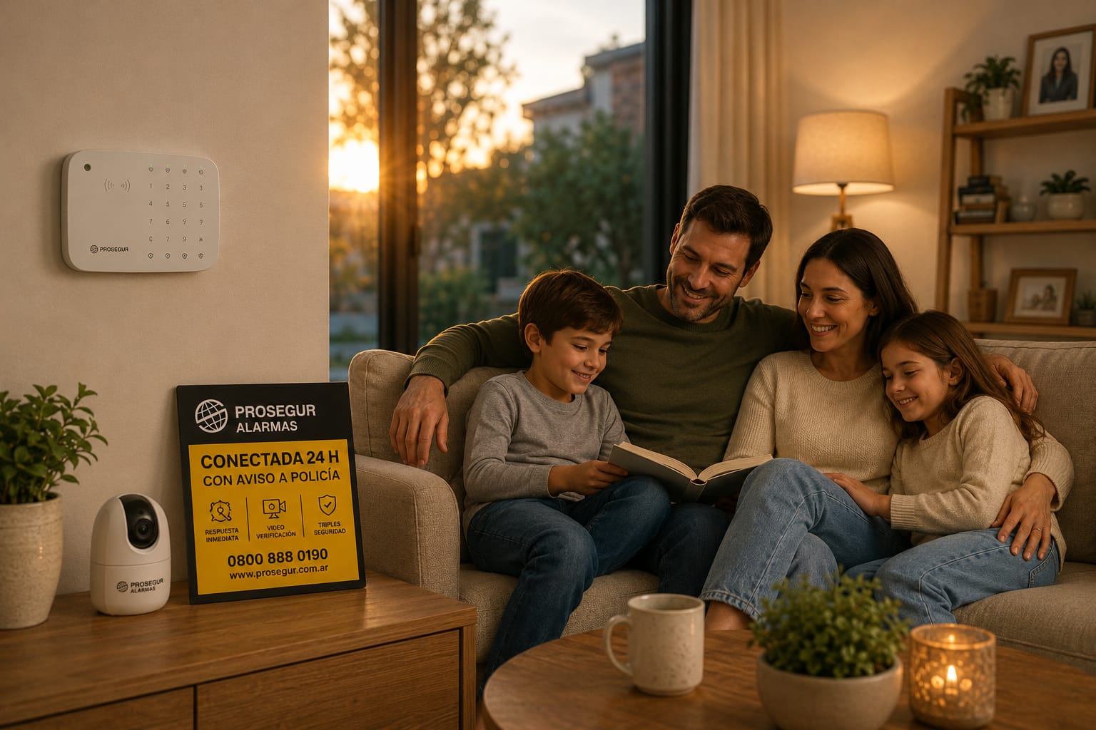 Familia tranquila en su living, con el panel Prosegur instalado en la pared